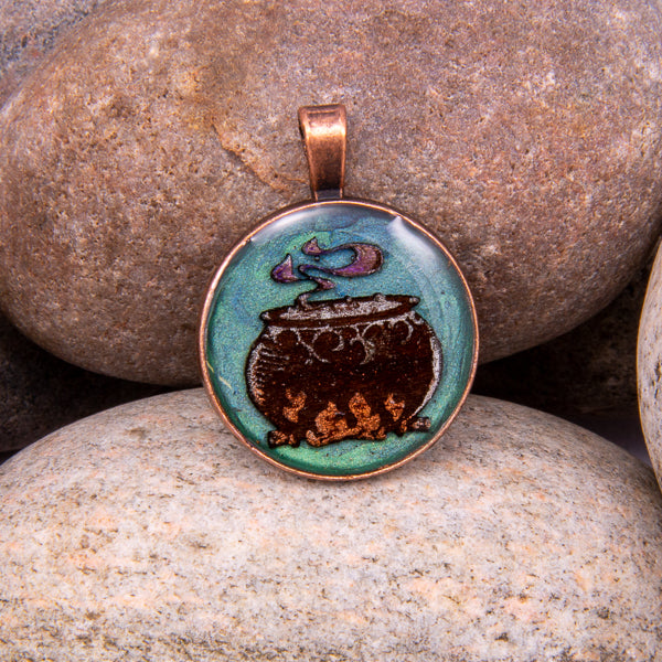 Handcrafted Bespoke Cauldren Pendant; set in Copper Effect metal bezel.| Jabbawocky Crafts (jabbawockycrafts.co.uk)