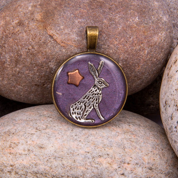 Handcrafted Bespoke Moon Gazing Hare Pendant; set in Bronze Effect metal bezel.| Jabbawocky Crafts (jabbawockycrafts.co.uk)